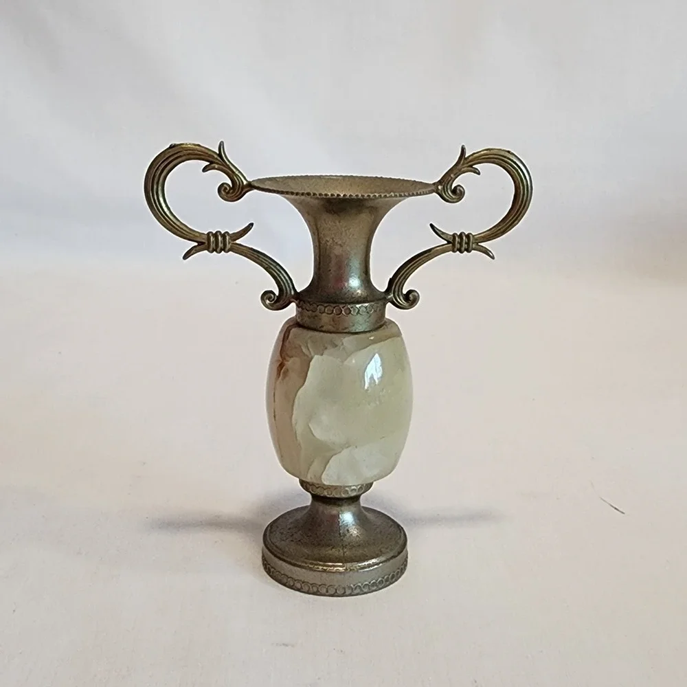 Vintage Miniature Alabaster Stone and Silver Tone Metal Urn Vase Ornate Handles